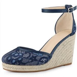 Allegra K Espadrille Wedge Sandals Women‎ 7.5 Blue Lace Closed Toe Platform NEW